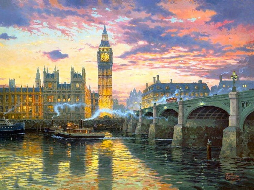 Kota London Tua, sungai, lukisan, kota, perahu, jembatan Wallpaper HD