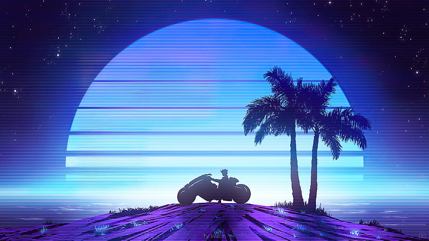 Retrowave, biker, palm tress, art HD wallpaper