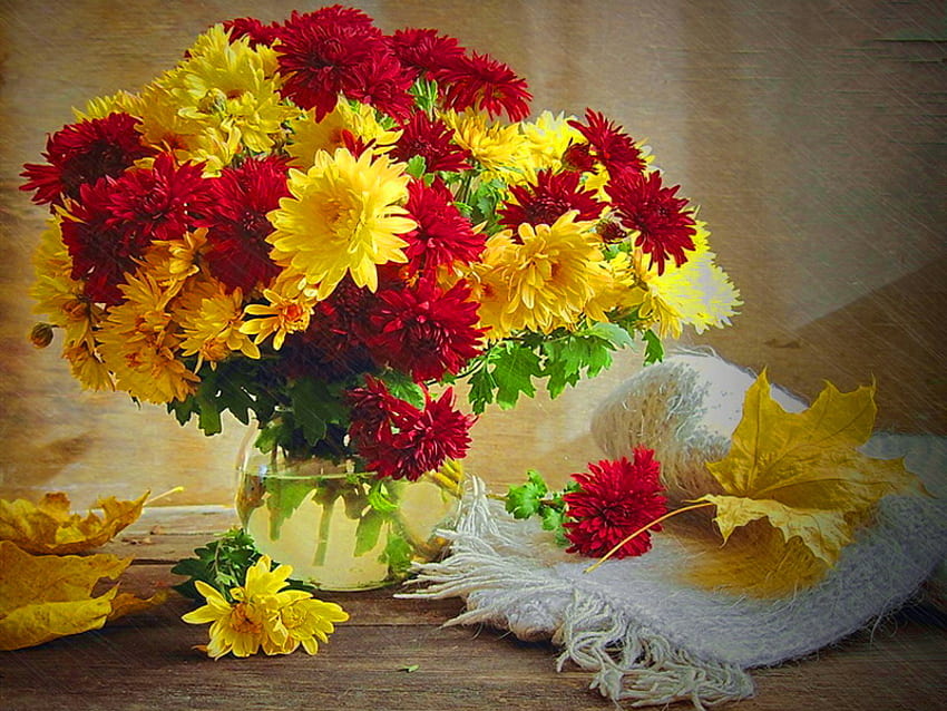 Still life, leaves, pretty, vase, autumn, beautiful, flowers, nice HD wallpaper