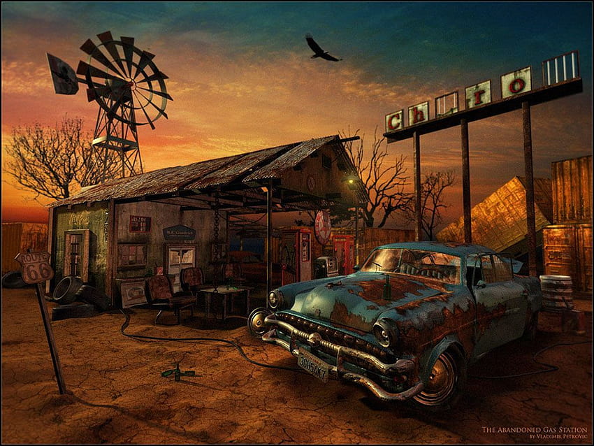 terk edilmiş, araba, sahipsiz, benzin istasyonu, paslı, gün batımı. Sinema, Vintage Benzin İstasyonu HD duvar kağıdı