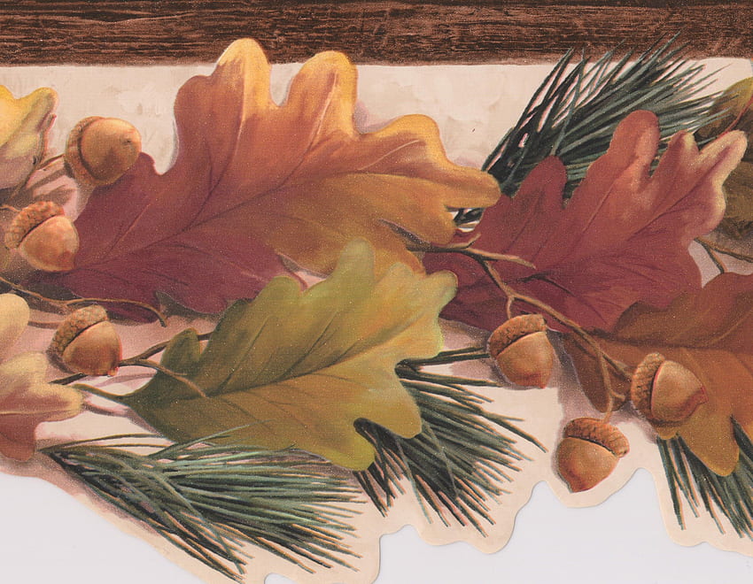 Yellow Brown Oak Leaves Acorns on Vine Nature Border HD wallpaper