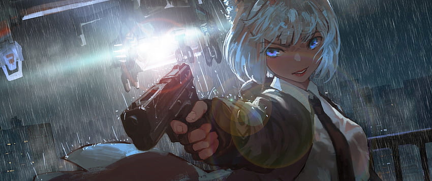 Anime Girl, Gewehr, Flugzeug, Regnen, Tierohren, Szenisch, Weißes kurzes Haar, Krawatte, 3440X1440 Anime Rain HD-Hintergrundbild