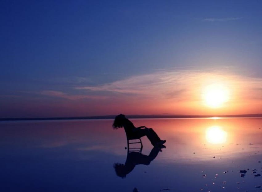 myślenie, myślenie, krzesło, zachód słońca Tapeta HD
