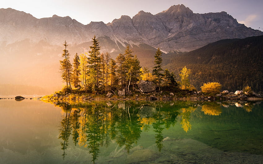 danau gunung, Pegunungan Alpen, danau glasial, pagi, matahari terbit, pemandangan gunung, danau yang indah, matahari terbit di pegunungan, Bavaria, Jerman Wallpaper HD