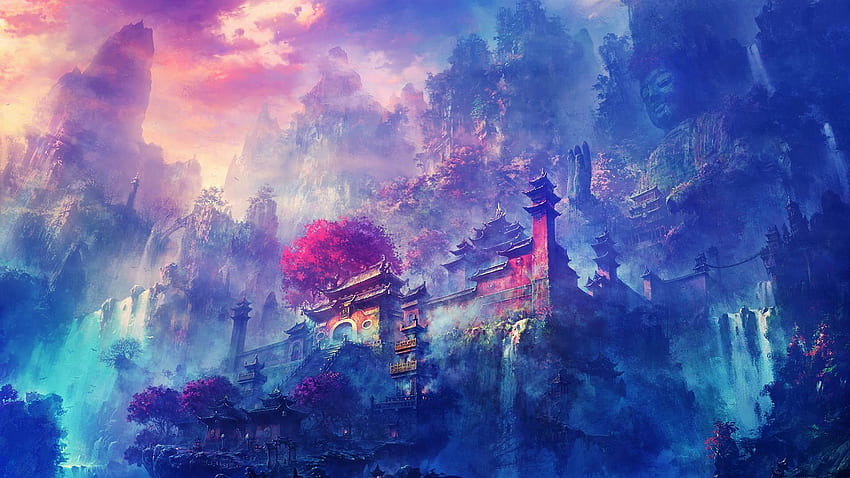Colorful Cyan Fantasy City Buddhism Fantasy Art Monastery Artwork Digital Art Zen Violet Temple, Colorful Anime PC HD wallpaper