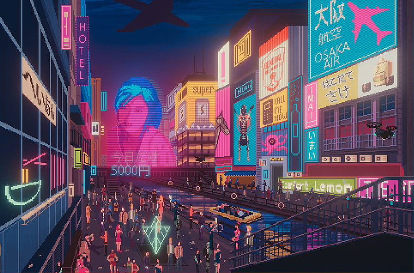 カルメン・サンディエゴを舞台にしたチャイナタウン探偵事務所の大阪のピクセルアートの背景を作りました. Pixel art, Pixel art background, Art background, Cyber​​punk Pixel Art 高画質の壁紙