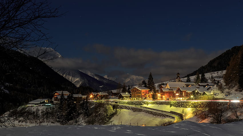 Winter Village in Switzerland, Noites, Inverno, Neve, Aldeias, Natureza, Luzes papel de parede HD