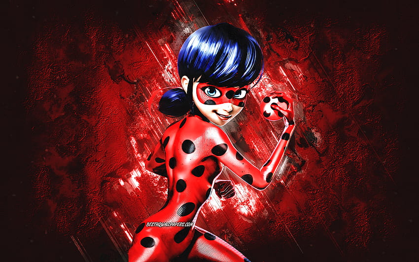 Ladybug, Miraculous, червен каменен фон, Ladybug art, Miraculous герои, Ladybug Miraculous, Tales of Ladybug HD тапет