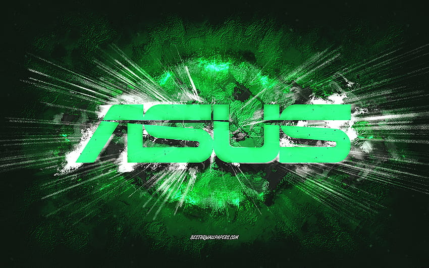 Asus ロゴ、グランジ アート、緑の石の背景、Asus 緑のロゴ、Asus、クリエイティブ アート、Asus グランジ ロゴ 高画質の壁紙