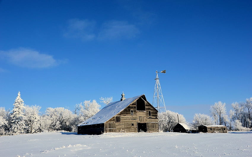 inverno, natureza, casa, campo, moinho de vento papel de parede HD