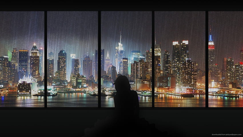 ニューヨーク市の雨。 都市、夜景、雨、雨の都市アニメ 高画質の壁紙