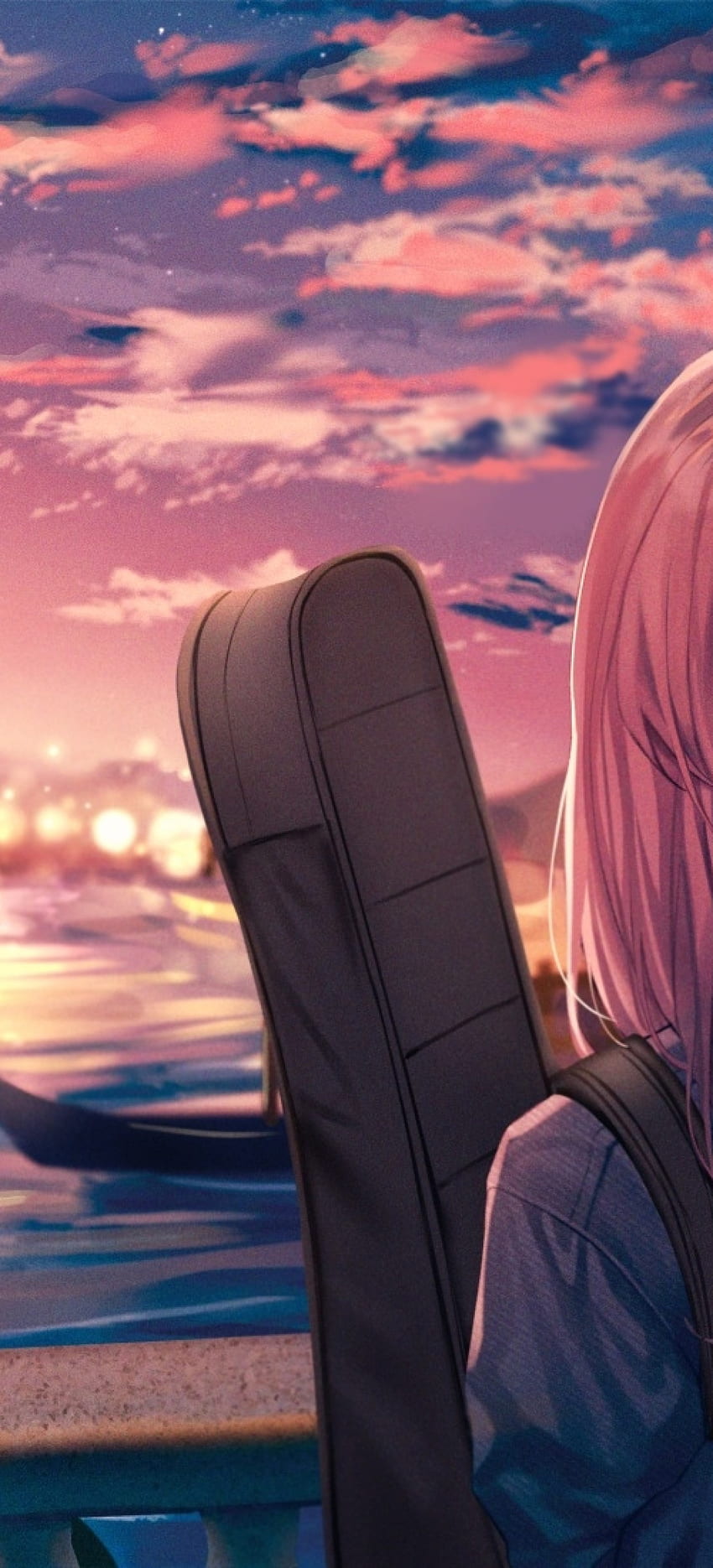 Cute Anime Girl, Sunset, Bridge, Lights, Guitar, Pink Hair, grapher for OnePlus 8 Pro, Oppo Find X2 - Maiden HD phone wallpaper