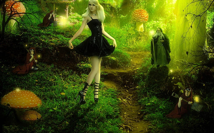 barbie, Fairy, Forest, Fantasy, Trees, Magical, Wizard, Mushroom, Forest Cartoon HD wallpaper