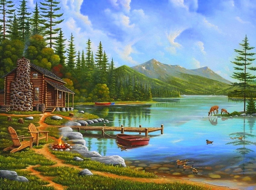 至福のひととき、夢の中のアトラクション、楽園、絵画、夏、愛の四季、湖、ボート、キャビン、雲、自然、空、山 高画質の壁紙