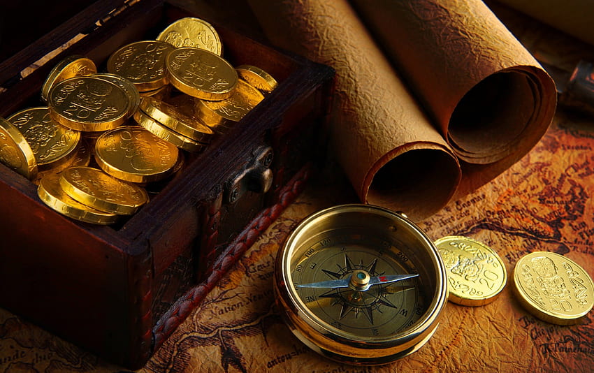 Златни монети, монети, злато, кутия, компас HD тапет