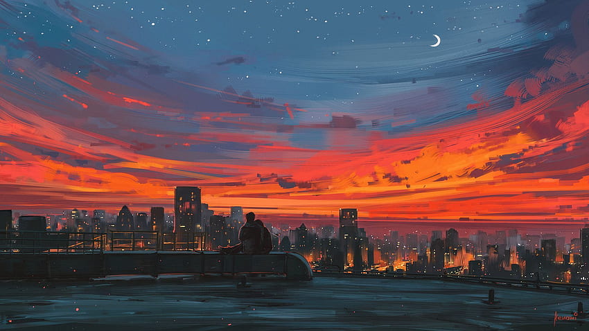 Estetyczne anime o zachodzie słońca. Komputer , Sceneria , sztuka Tapeta HD