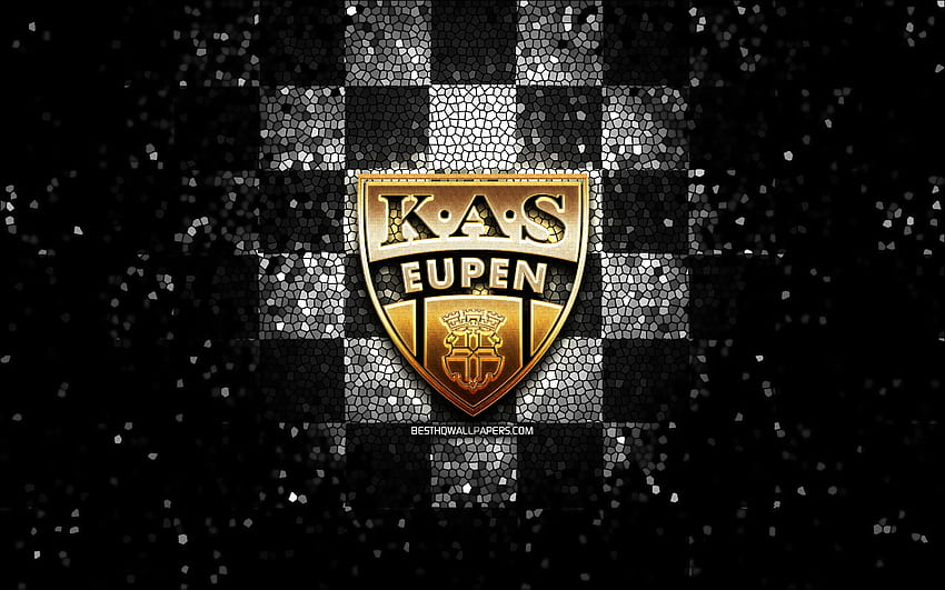 KAS Eupen, 반짝이는 로고, Jupiler Pro League, 검정 흰색 체크 무늬 배경, 축구, 벨기에 축구 클럽, KAS Eupen 로고, 모자이크 아트, 축구, KAS Eupen FC HD 월페이퍼