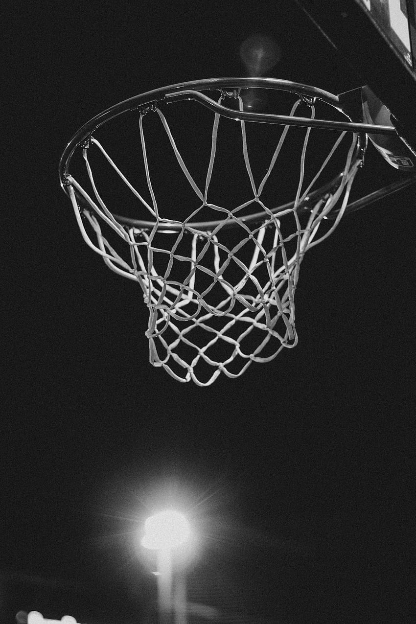 Баскетболна топка, тъмно, решетка, Bw, Chb, баскетболен пръстен, баскетболен кош HD тапет за телефон