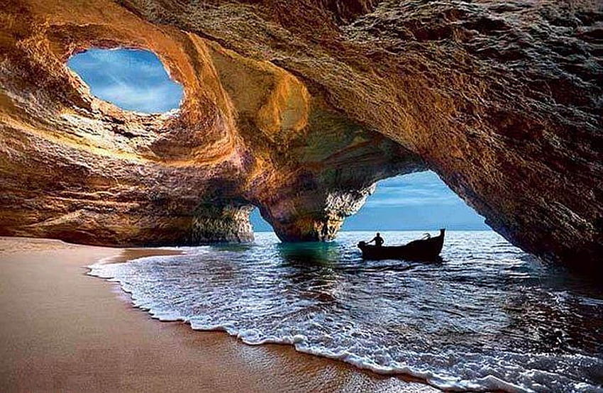 oceano, barca, grotta, natura Sfondo HD