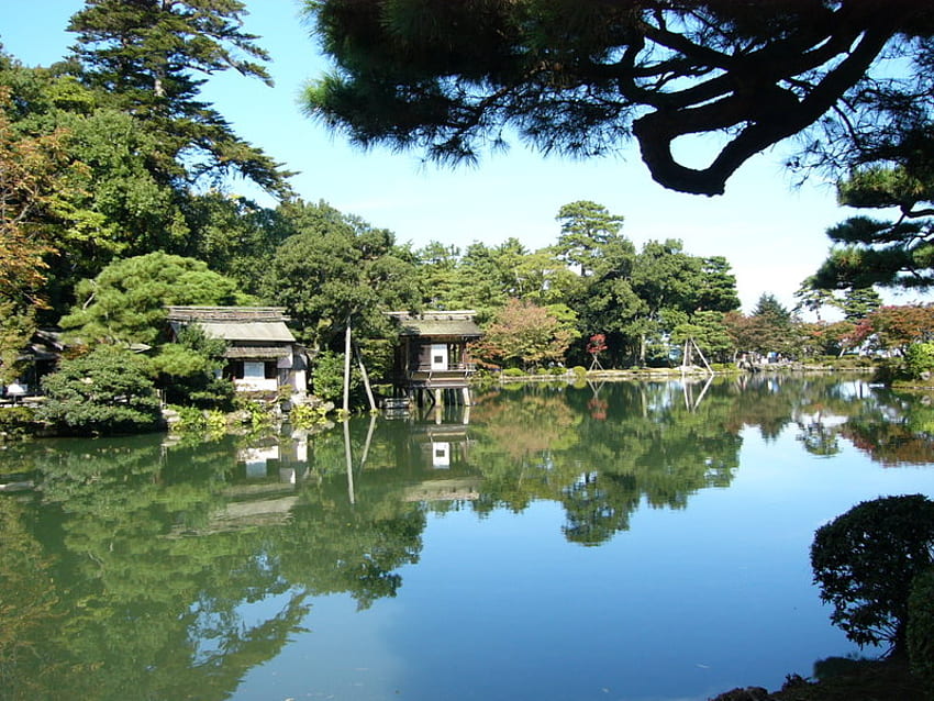 日本庭園、庭園、湖、日本、木々、京都 高画質の壁紙