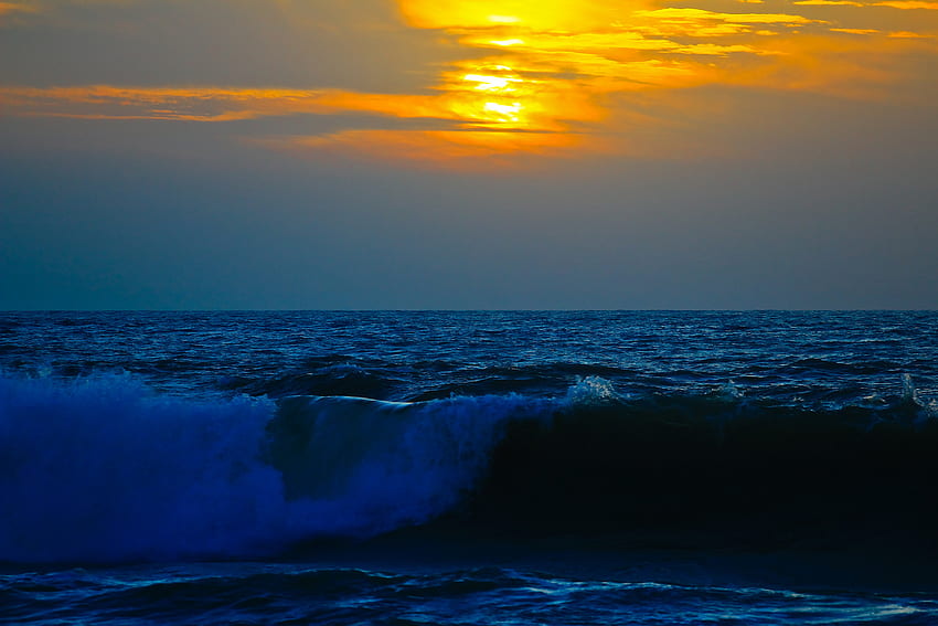 Nature, Sunset, Sky, Sea, Waves, Surf HD wallpaper