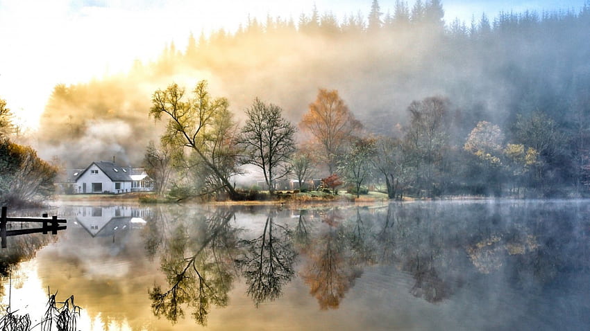 湖、霧、家、森、湖、日の出の霧を焼き払う朝の太陽 高画質の壁紙