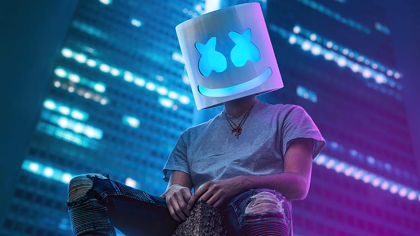 DJ Marshmello Is Sitting On Roof Top In Building Background Marshmello, Marshmello Face HD wallpaper