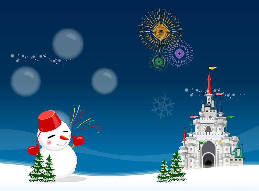 Feiertage, Gruß, Tannenbäume, Schneemann, Schloss, Weihnachten, Urlaub HD-Hintergrundbild