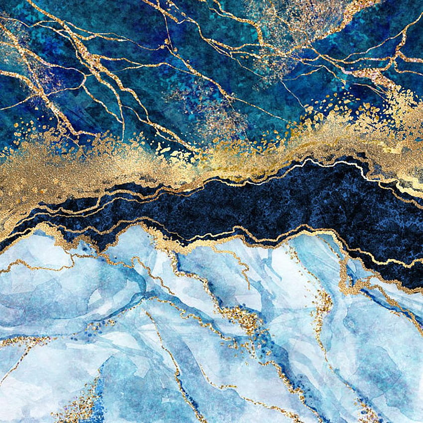 青と金の層状の大理石の壁の壁画。 キャンバス アート ロックス、ティール ゴールド マーブル HD電話の壁紙