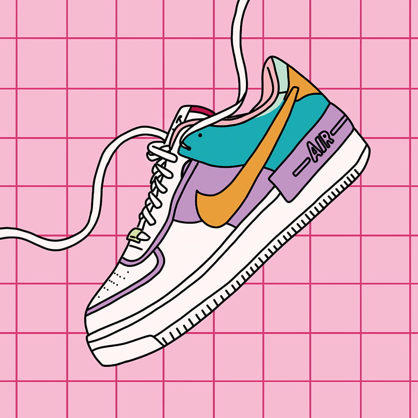 Nike Air 1 różowa ilustracja butów modowych. Ilustracja butów, sztuka tenisówek, rysunek tenisówek, nadruk tenisówek Tapeta na telefon HD