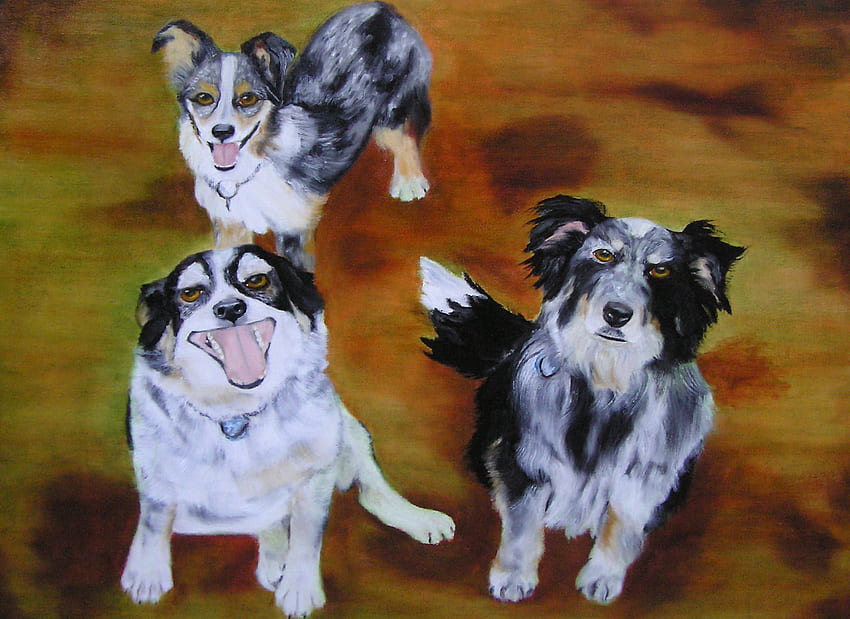 Los_tres_perros, preto, cinza, pintura, arte, cachorros papel de parede HD
