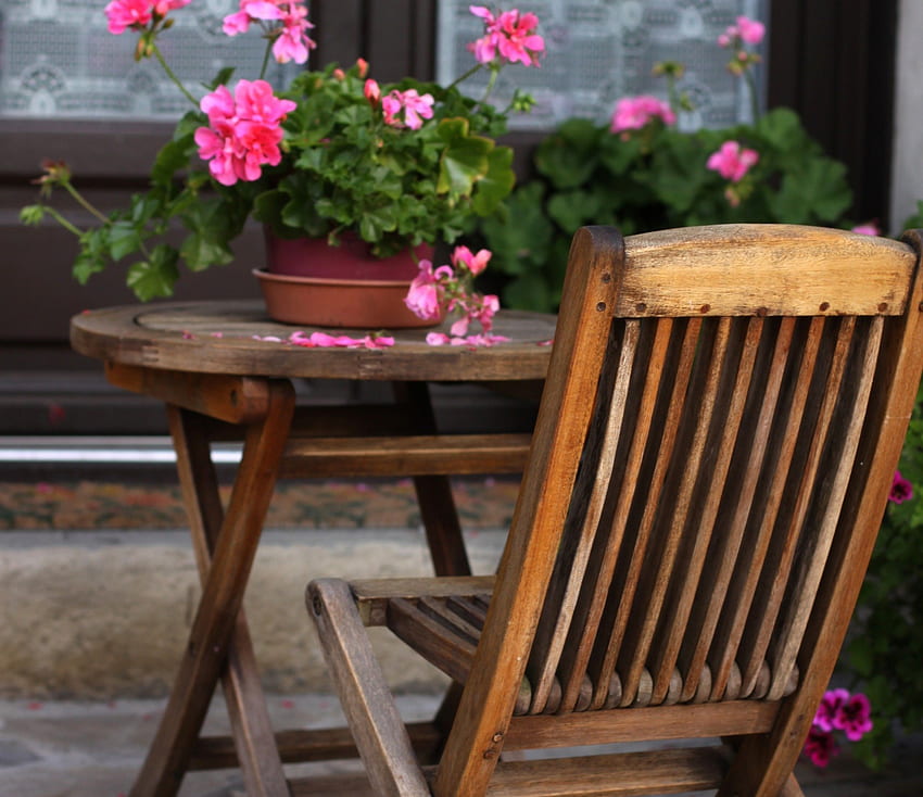 Time to relax , chair, table, pink, nature, flowers, relax HD wallpaper