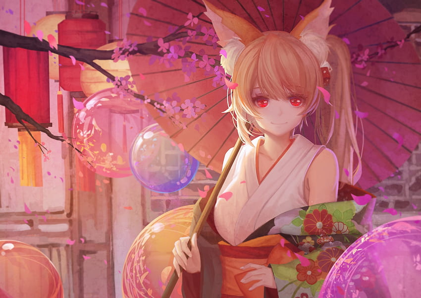 Fox girl, umbrella, kimono, parasol, girl, fox, pink, anime, fantasy, tagme, luminos, manga HD wallpaper