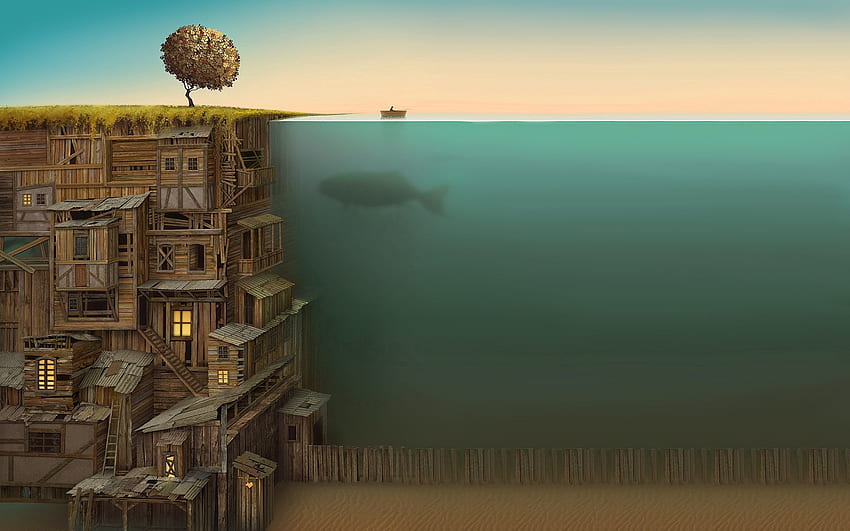 Casa, arte, madera, árbol, varios pisos, varios pisos, ballena, bajo el agua, bajo el agua, improvisación, parte inferior fondo de pantalla