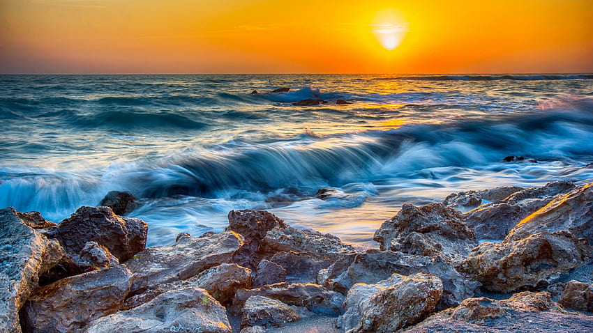 Pantai Caspersen, Sarasota, Teluk Meksiko, Sarasota County, Florida, Amerika Serikat, matahari terbenam, laut, warna, langit, bebatuan Wallpaper HD