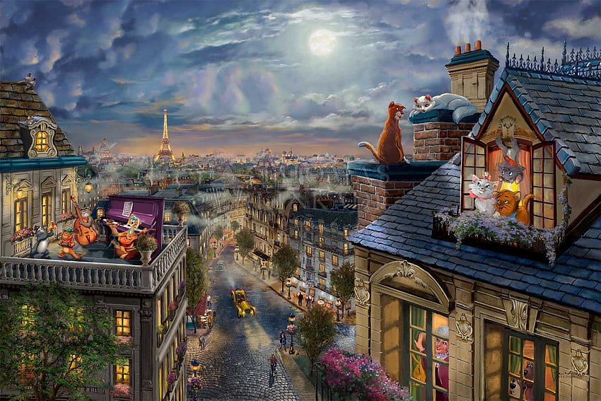 Aristocrats on the roof, luna, cat, aristocrats, art, roof, painting, pisici, moon, fantasy, thomas kinkade, pictura HD wallpaper