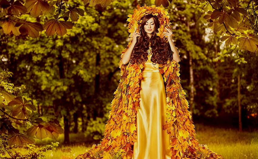 Есенна дама, дама, модел, жълто, есен, рокля, красота, жена, жена, графика HD тапет