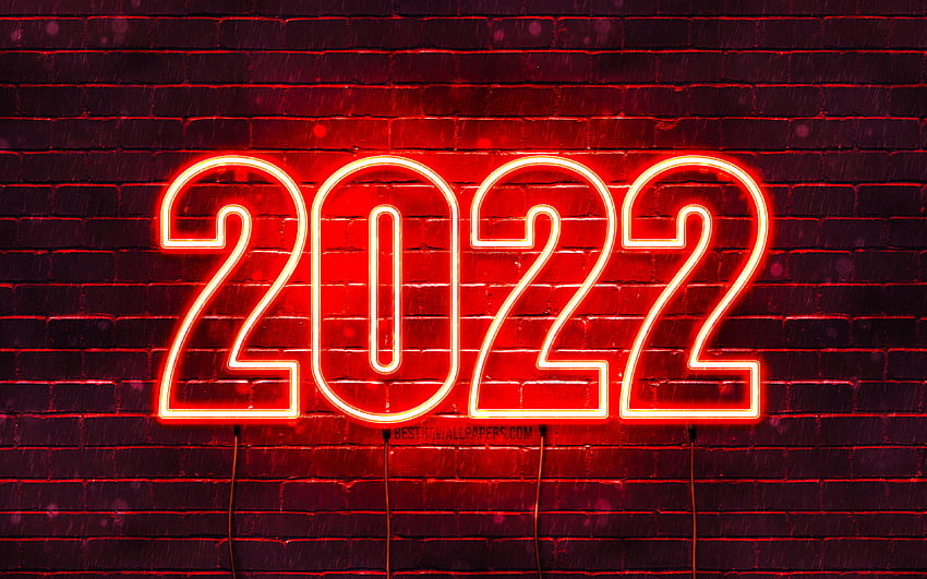 2022년 붉은 네온 숫자, 2022년 새해 복 많이 받으세요, 붉은 벽돌 벽, 가로 텍스트, 2022년 개념, 전선, 2022년 새해, 2022년 빨간색 배경, 2022년 숫자 HD 월페이퍼