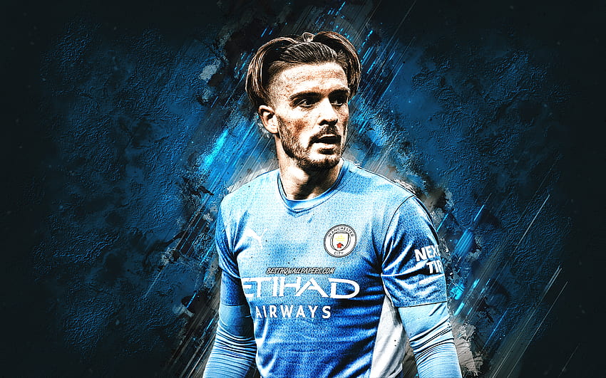 Jack Grealish, Manchester City FC, English footballer, blue stone background, football, Premier League, grunge art HD wallpaper