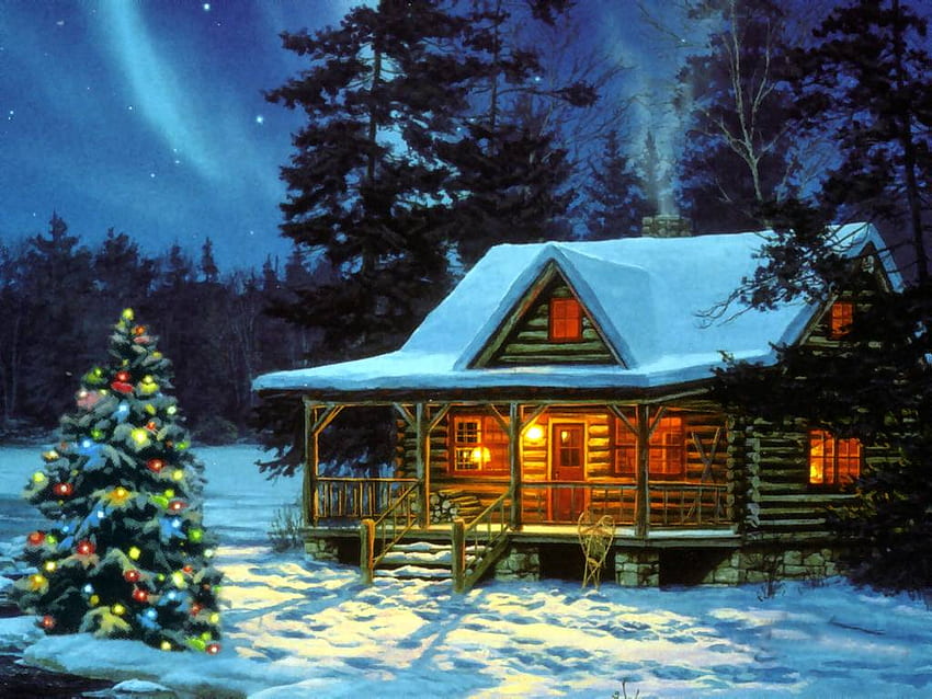 겨울 오두막 장면, 통나무집 겨울 HD 월페이퍼