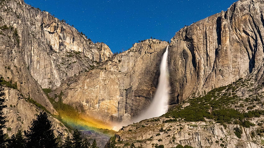 Moonbow in Yosemite Falls, Yosemite National Park, rocks, mountains, california, landscape, waterfall, usa HD wallpaper