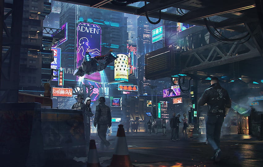 Download wallpaper 1366x768 city, future, cyberpunk, architecture, night,  lights, road junction tablet, laptop hd background