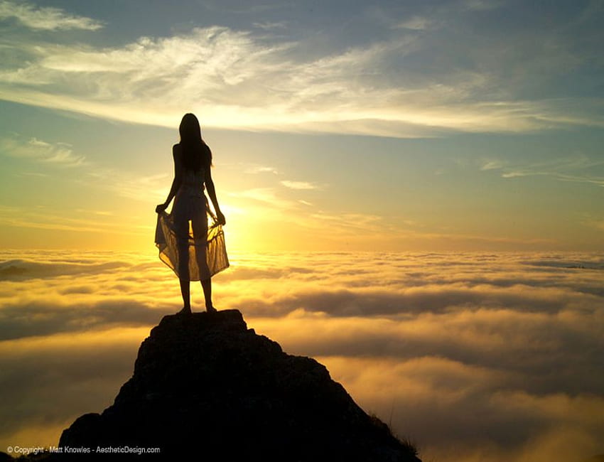 ON TOP OF THE WORLD, clouds, nature, woman, sunset, mountain HD wallpaper