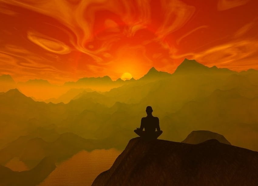Contemplação, meditação, lago, nascer do sol, montanha papel de parede HD