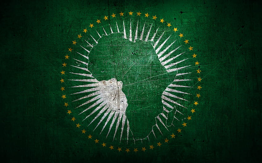 Metalowa flaga Unii Afrykańskiej, grunge art, kraje afrykańskie, Dzień Unii Afrykańskiej, symbole narodowe, Flaga Unii Afrykańskiej, metalowe flagi, Flaga Unii Afrykańskiej, Afryka, Unia Afrykańska Tapeta HD