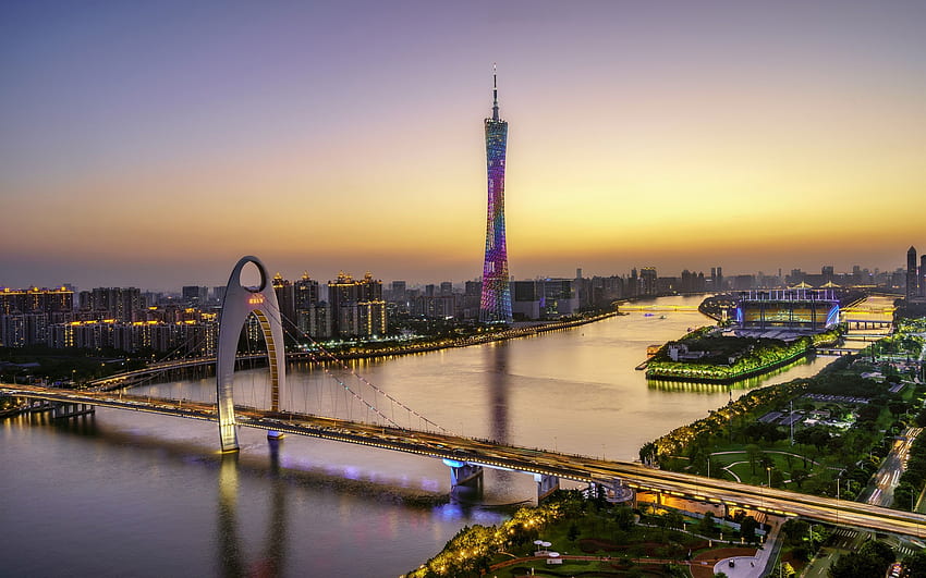 아름다운 광저우, 광저우 타워, 다리, 강, 고층 빌딩, 조명, 황혼, 광저우 HD 월페이퍼