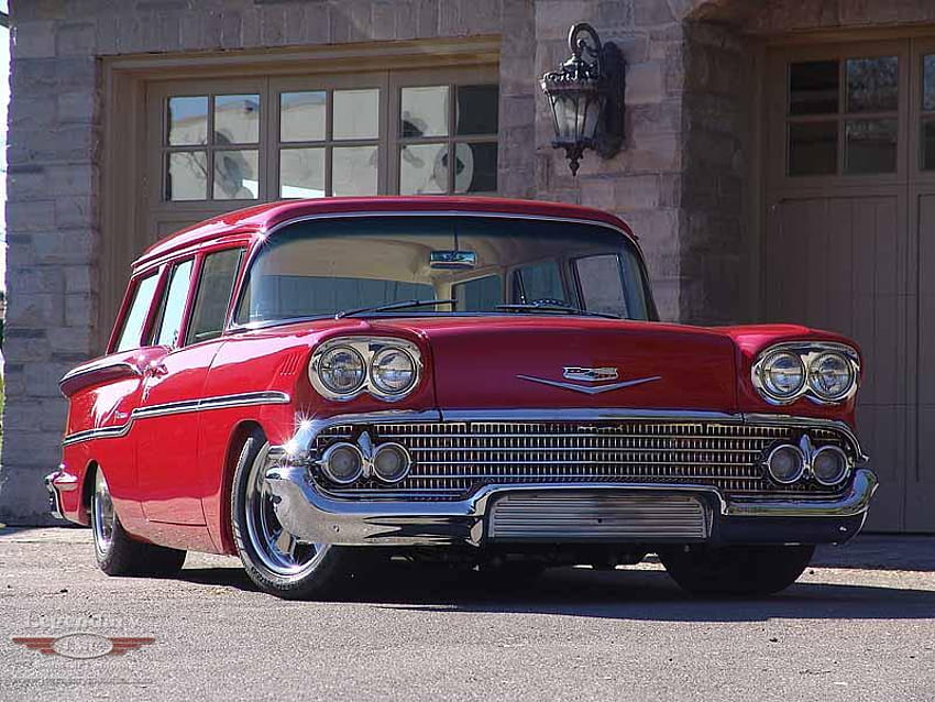 1958 Chevrolet Yeoman stationwagon, clássico, vagão, carro, vermelho, chevy papel de parede HD
