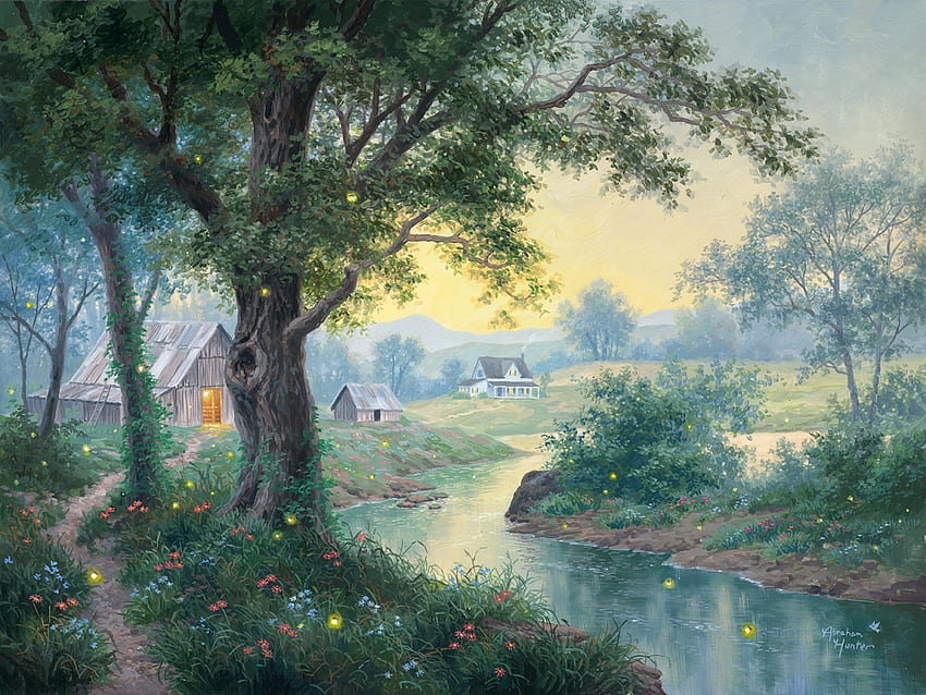 Glühwürmchen-Farm, Nacht, Abraham-Jäger, Malerei, Kunst, , Glühwürmchen, Bauernhof HD-Hintergrundbild