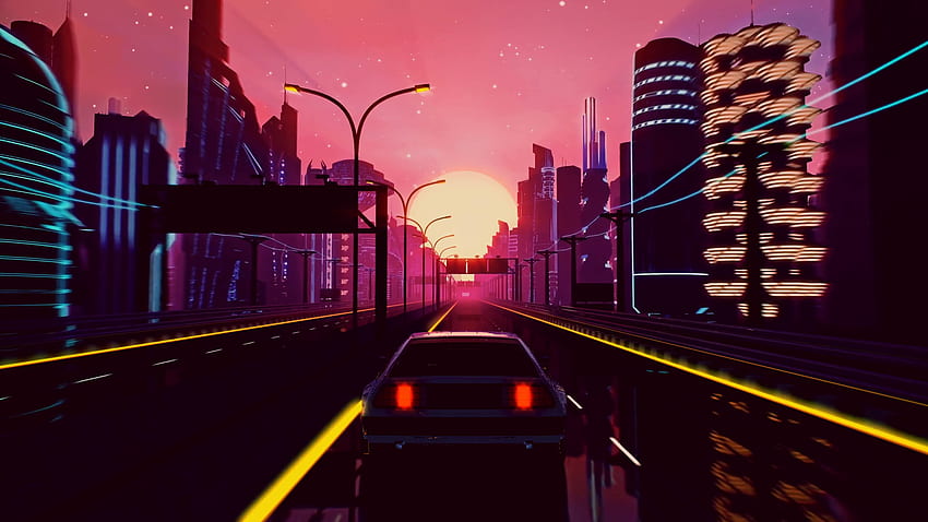 Retro Futuristic 80s Style Drive In Neon City. Seamless Loop Of Cyberpunk Sunset Landscape With A Moving Car On A Highway Road. VJ Synthwave Looping 3D Animation For Music Video. Stylized Vintage HD wallpaper