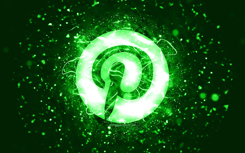 Pinterest green logo, , green neon lights, creative, green abstract background, Pinterest logo, social network, Pinterest HD wallpaper